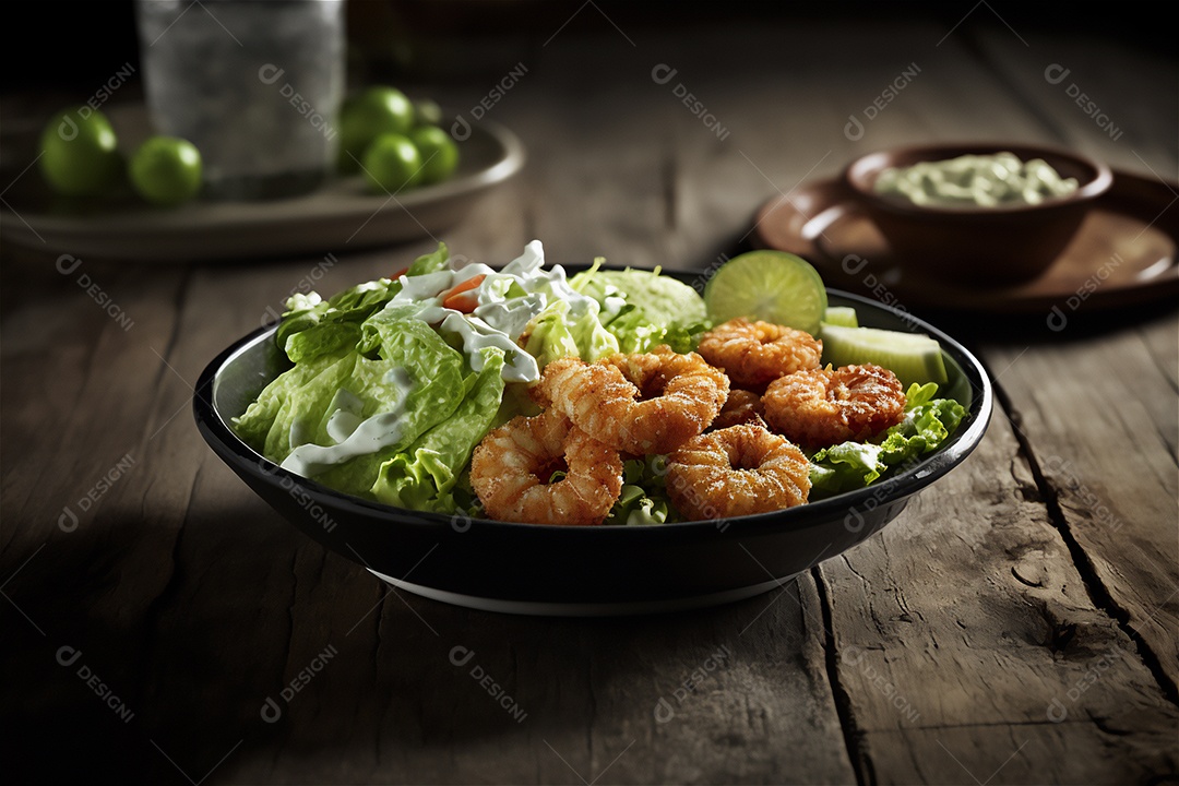 Camarão empanado frito na mesa de madeira rústica. Frutos do mar deliciosos visão de perto