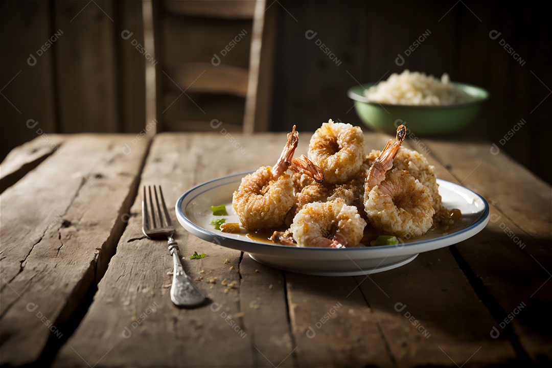 Camarão empanado frito na mesa de madeira rústica. Frutos do mar deliciosos visão de perto