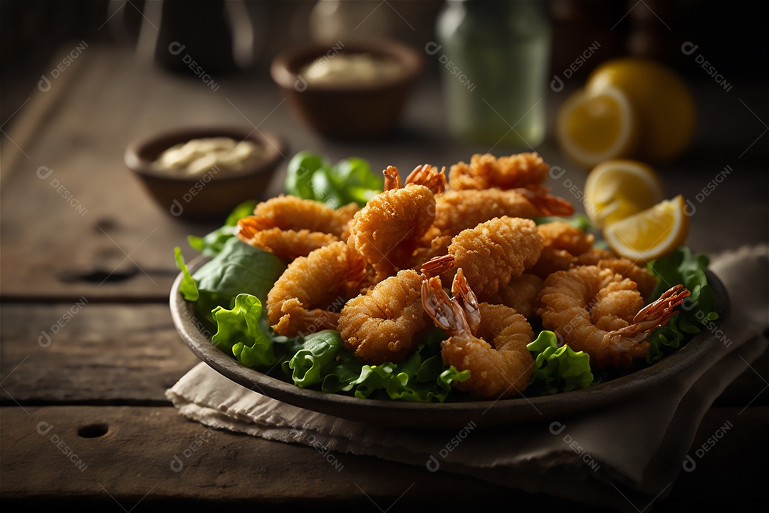 Camarão empanado frito na mesa de madeira rústica. Frutos do mar deliciosos visão de perto