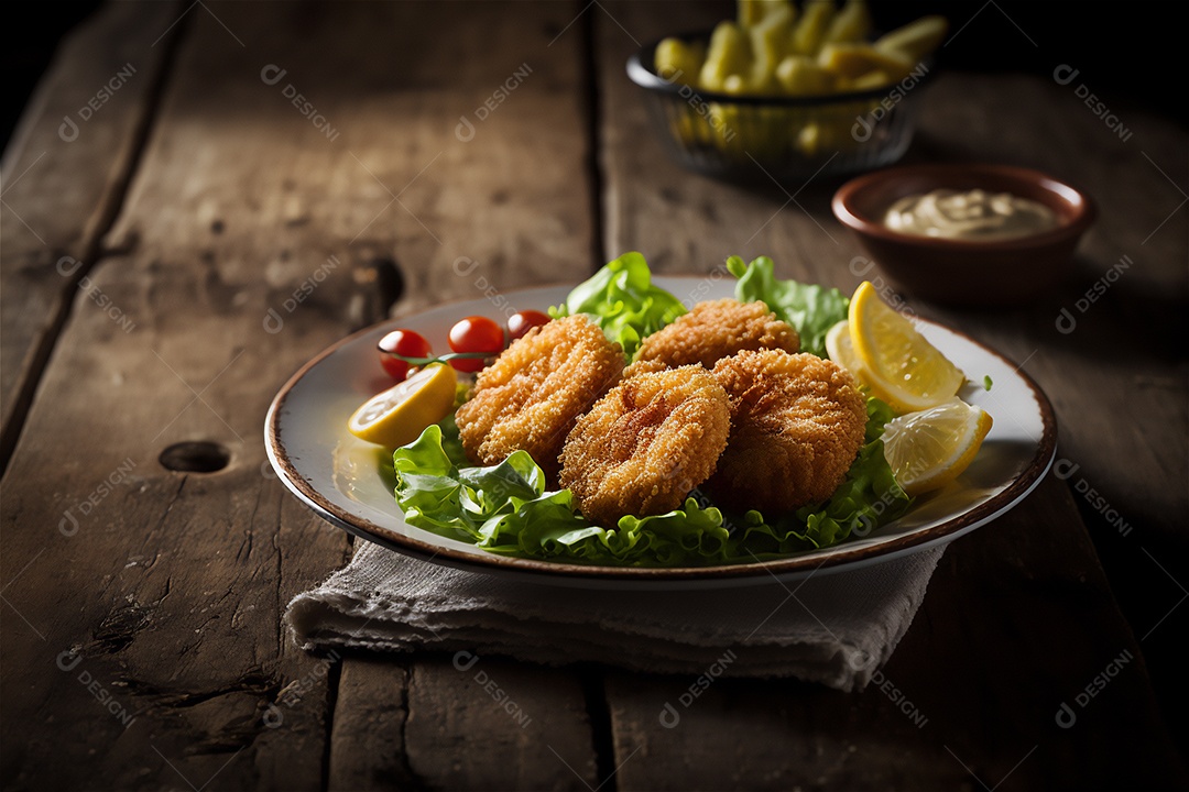 Camarão empanado frito na mesa de madeira rústica. Frutos do mar deliciosos visão de perto