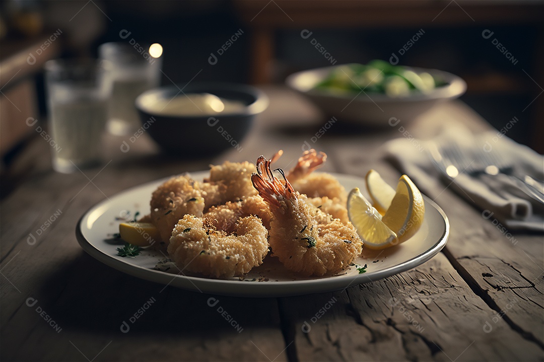 Camarão empanado frito na mesa de madeira rústica. Frutos do mar deliciosos visão de perto