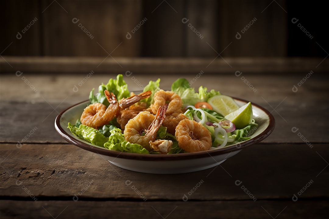 Camarão empanado frito na mesa de madeira rústica. Frutos do mar deliciosos visão de perto