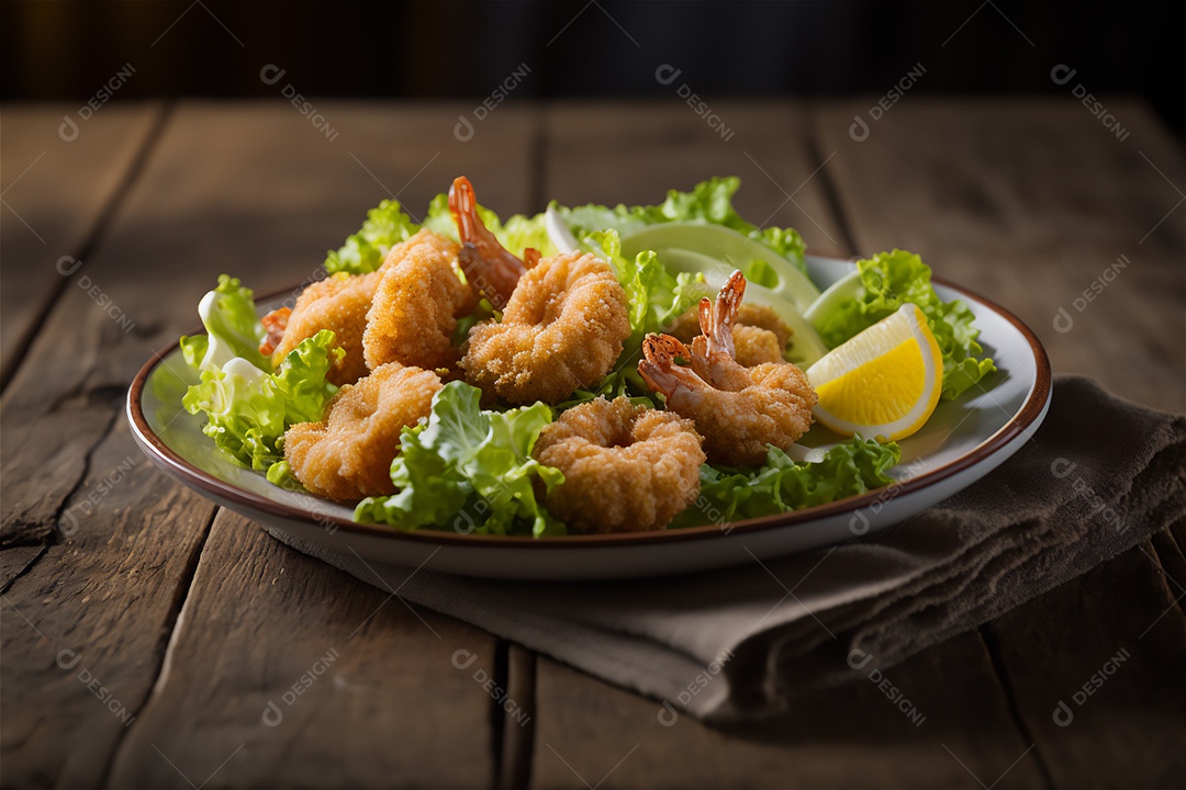 Camarão empanado frito na mesa de madeira rústica. Frutos do mar deliciosos visão de perto