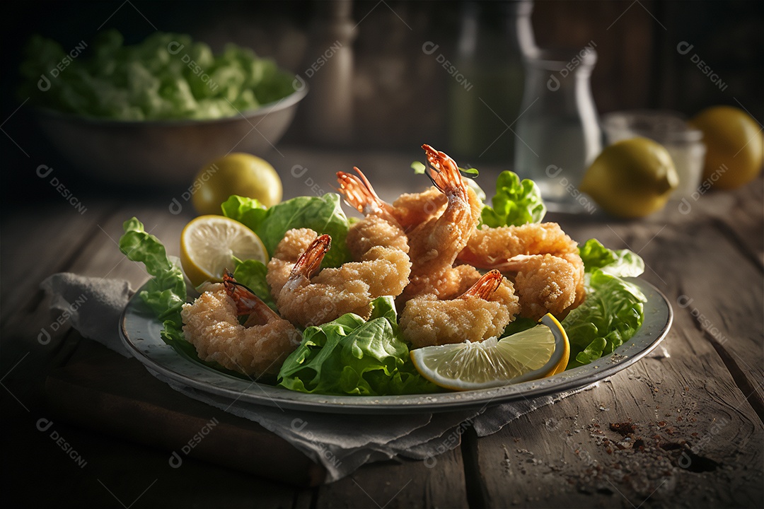 Camarão empanado frito na mesa de madeira rústica. Frutos do mar deliciosos visão de perto