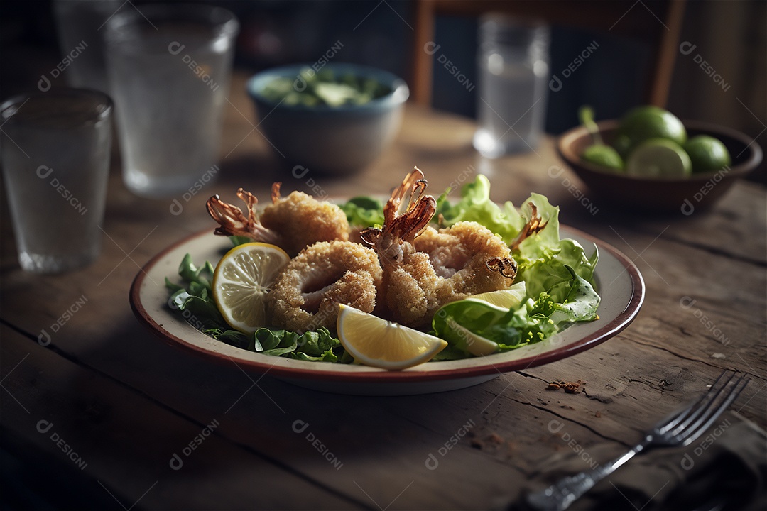 Camarão empanado frito na mesa de madeira rústica. Frutos do mar deliciosos visão de perto