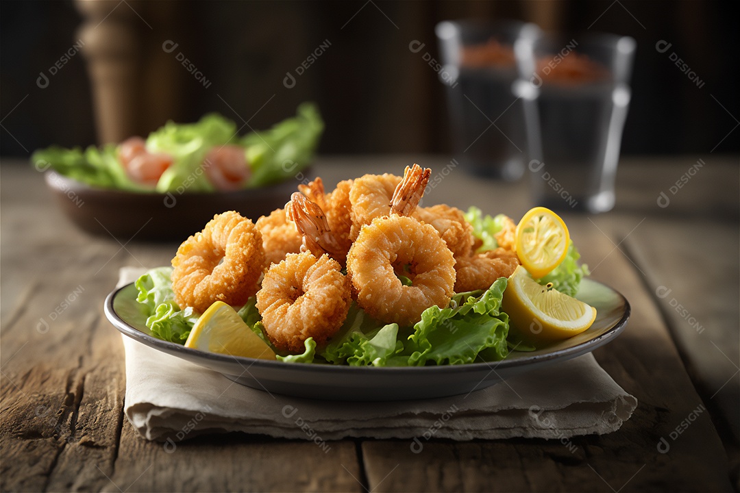 Camarão empanado frito na mesa de madeira rústica. Frutos do mar deliciosos visão de perto