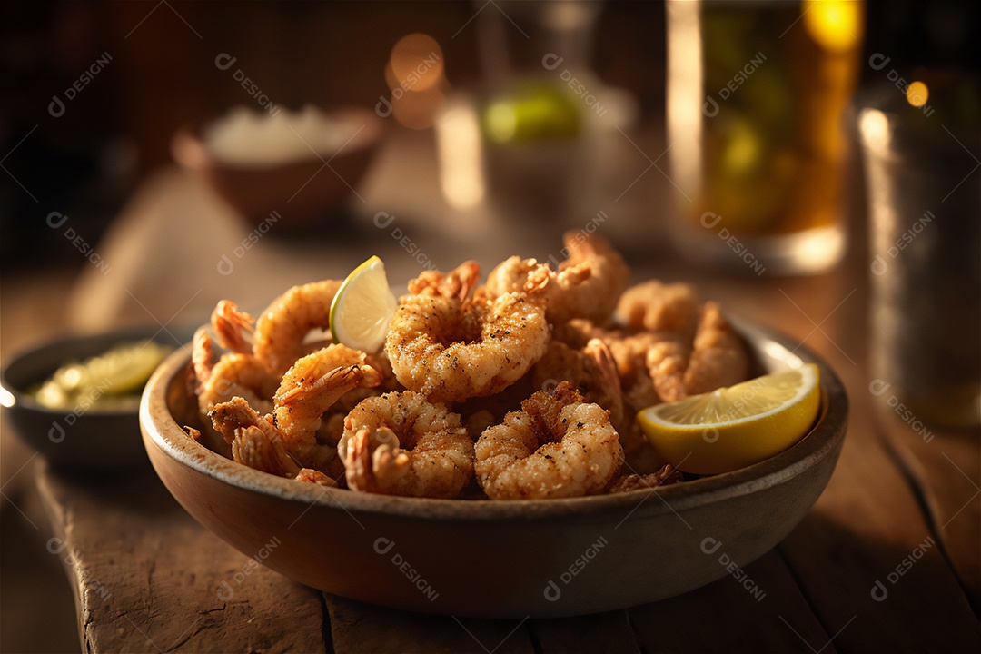 Camarão empanado frito na mesa de madeira rústica. Frutos do mar deliciosos visão de perto