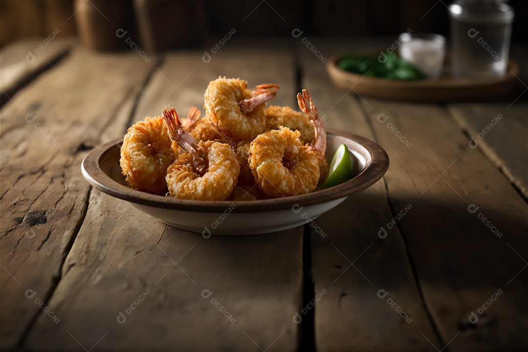 Camarão empanado frito na mesa de madeira rústica. Frutos do mar deliciosos visão de perto