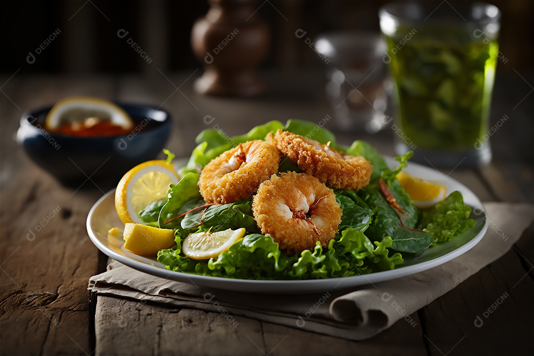 Camarão empanado frito na mesa de madeira rústica. Frutos do mar deliciosos visão de perto