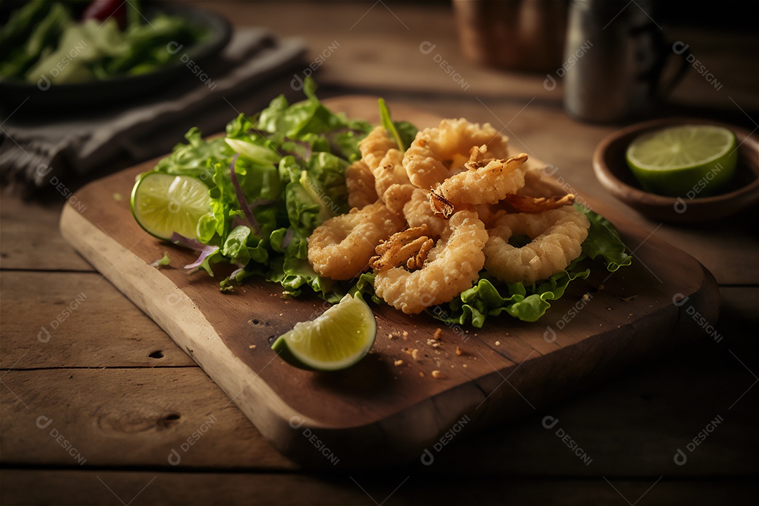 Camarão empanado frito na mesa de madeira rústica. Frutos do mar deliciosos visão de perto