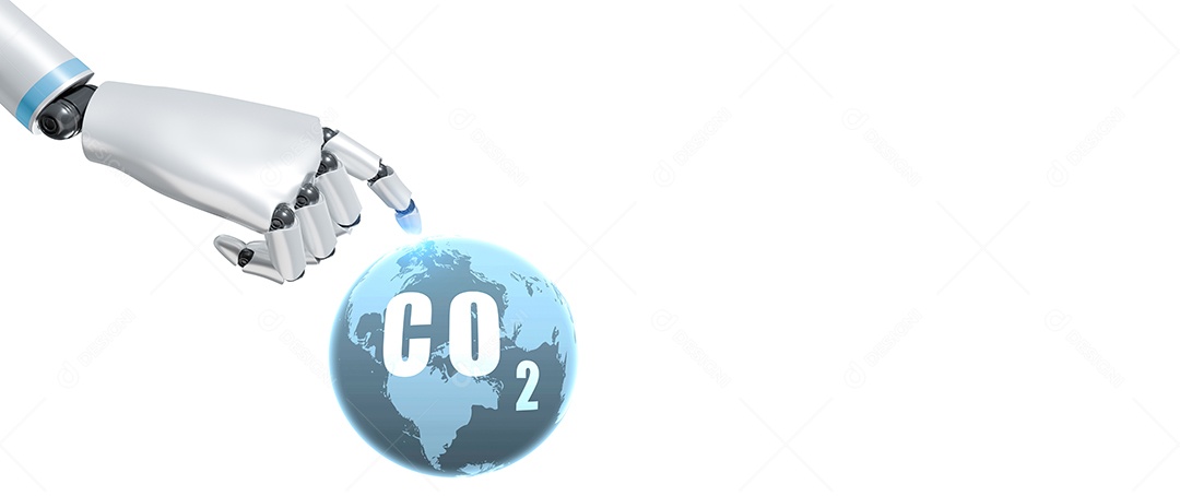 Conceito de carbono neutro. A mão do robô toca o CO2 no isol do mapa do globo