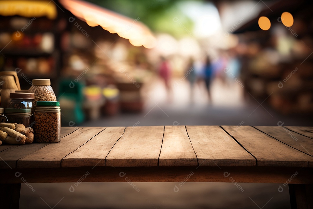 Background mesa de madeira sobre fundo de supermercado