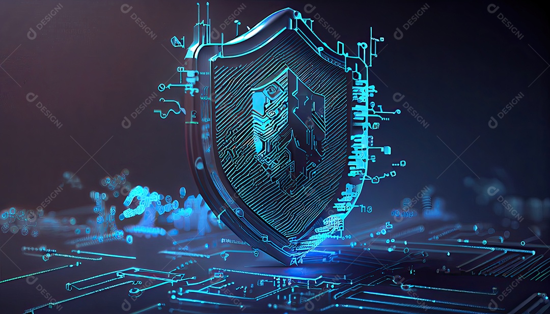 Escudo com um ícone de cadeado é exibido em uma placa de circuito e wireframe de rede com código binário sobre um fundo azul neste cyberart abstrato