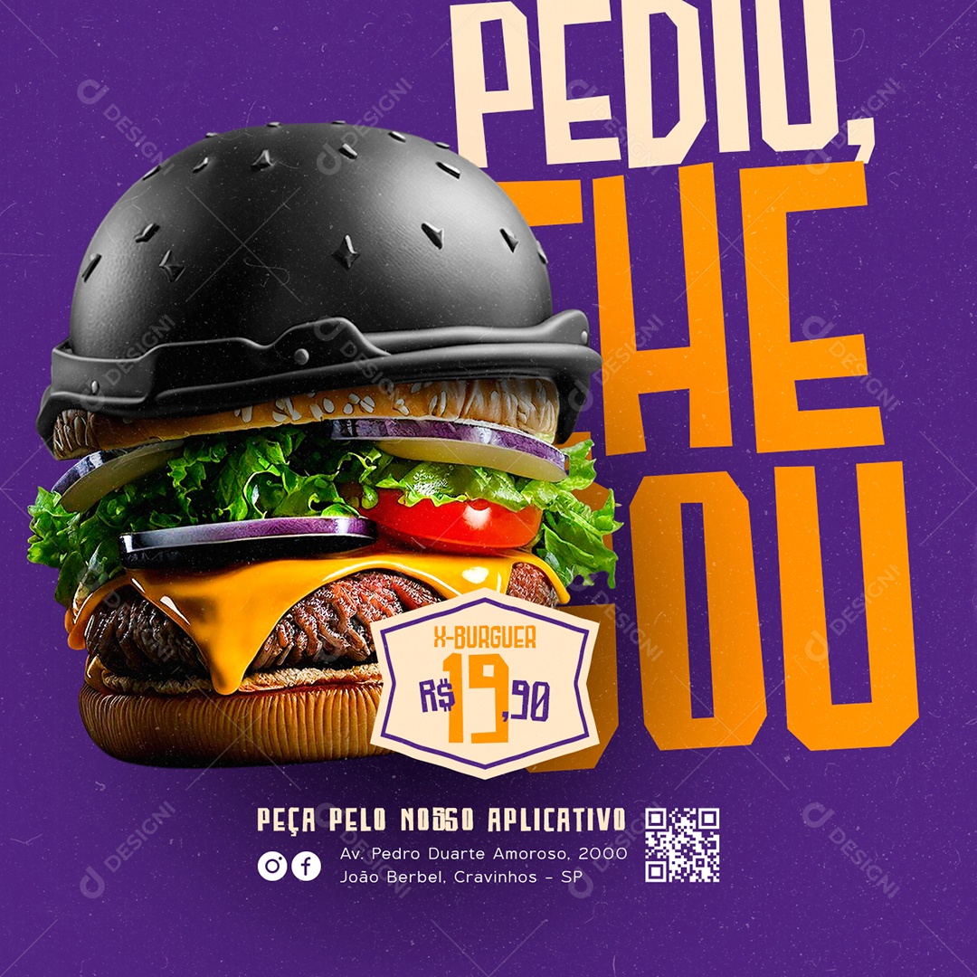 Pediu Chegou X-Burguer 19,90 Peça Pelo Nosso Aplicativo Hamburgueria Social Media PSD Editável