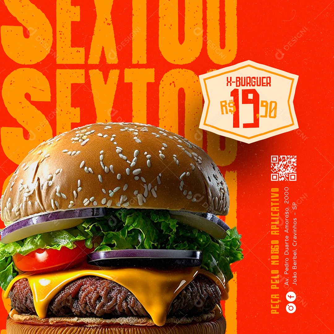 Sextou X-Burguer 19,90 Peça Pelo Nosso Nosso Aplicativo Hamburgueria Social Media PSD Editável