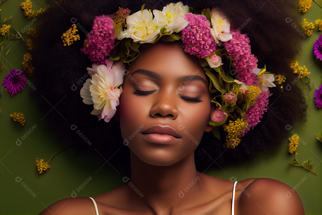 Linda mulher afro americana com arco de flores no cabelo
