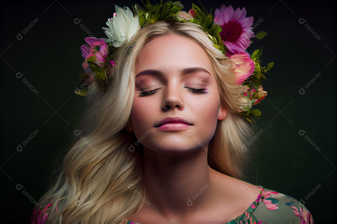 Linda mulher loira com arco de flores no cabelo