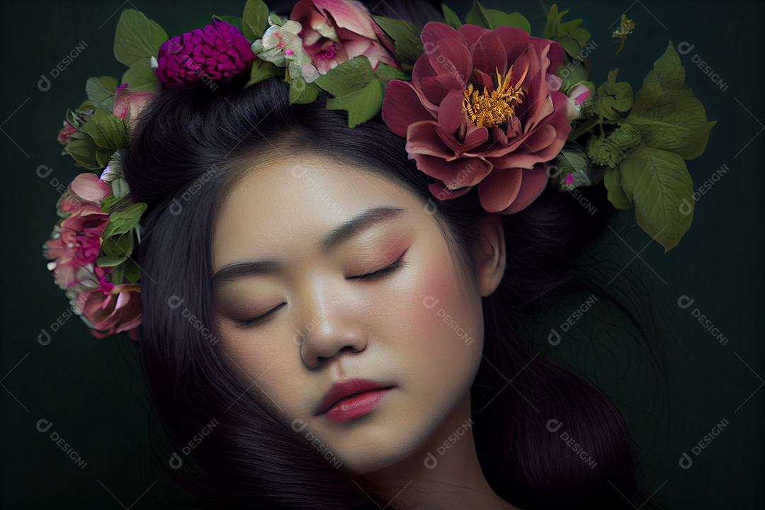 Linda mulher chinesa com arco de flores no cabelo