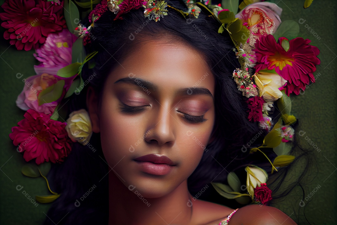 Linda mulher latina hispânica com arco de flores no cabelo