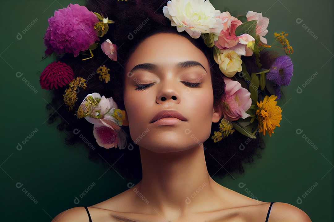 Linda mulher com flores coloridas no cabelo