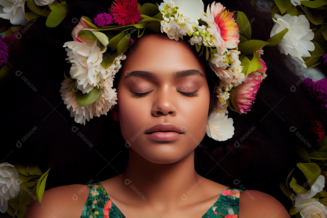 Linda mulher com flores coloridas no cabelo