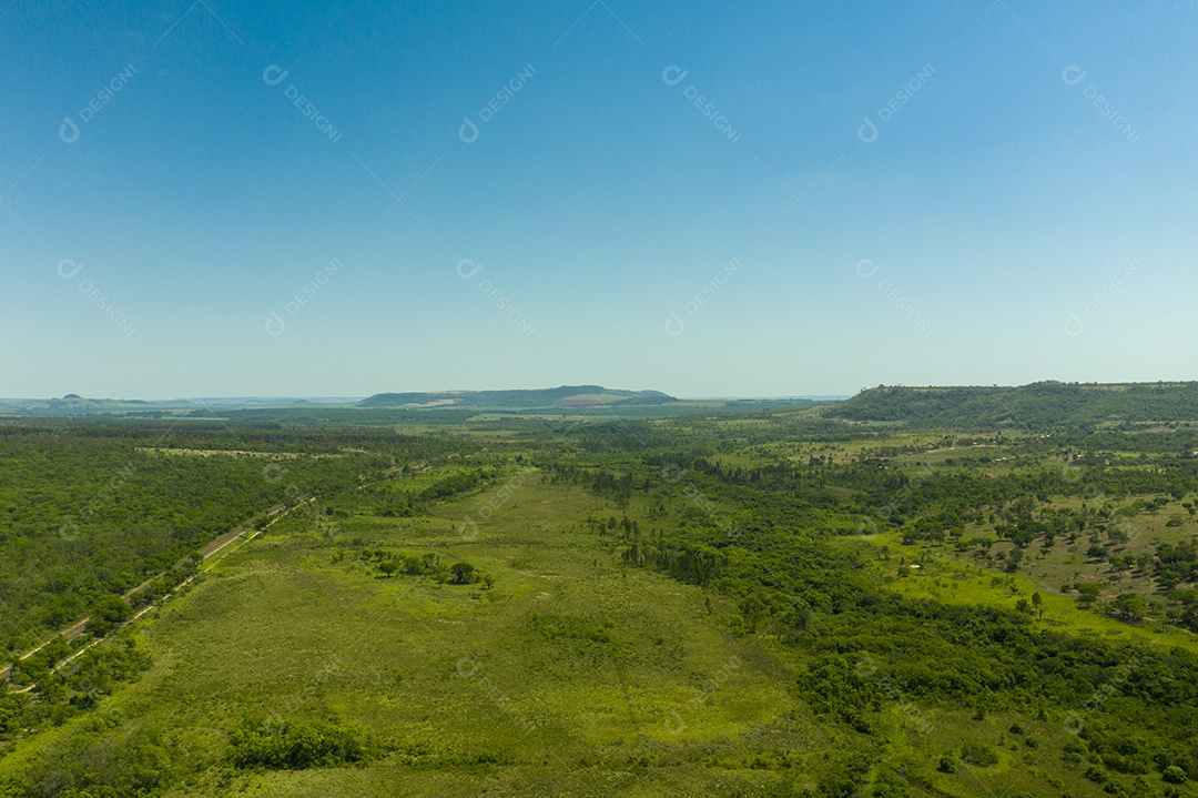 Vista aérea da área com floresta e montanhas ao fundo na manhã ensolarada no Brasil.