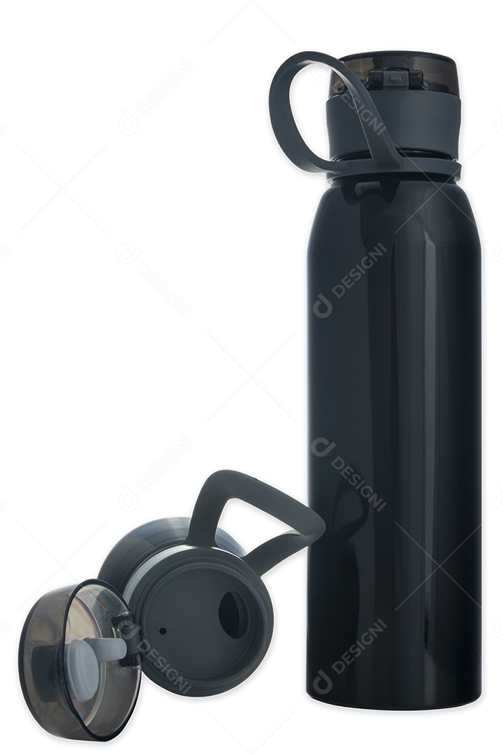 Garrafinha preta para água em fundo branco.