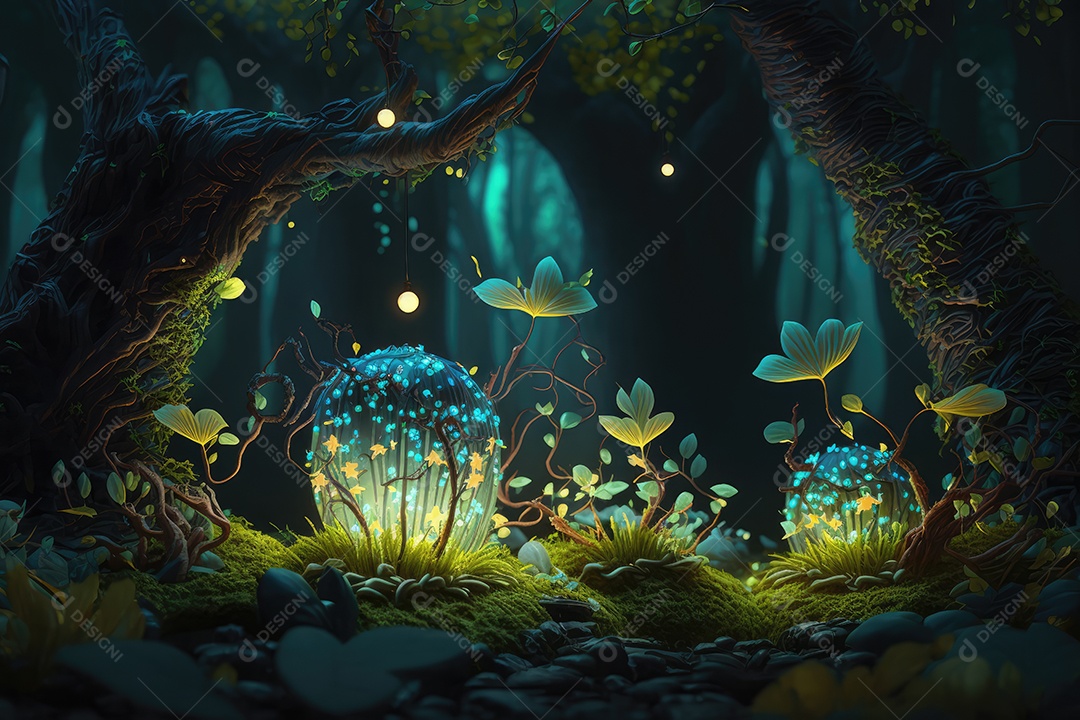 Fantástica árvore de conto de fadas em estilo fantasia e magia em um lugar encantado com rio e névoa. pintura digital