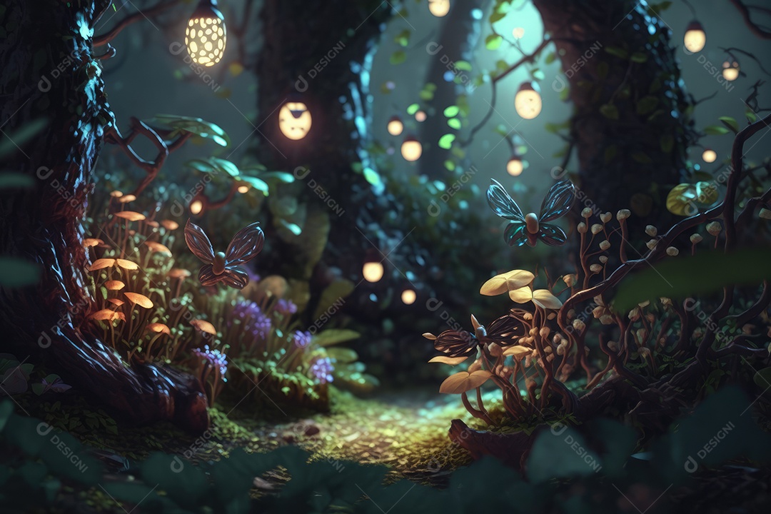 Fantástica árvore de conto de fadas em estilo fantasia e magia em um lugar encantado com rio e névoa. pintura digital