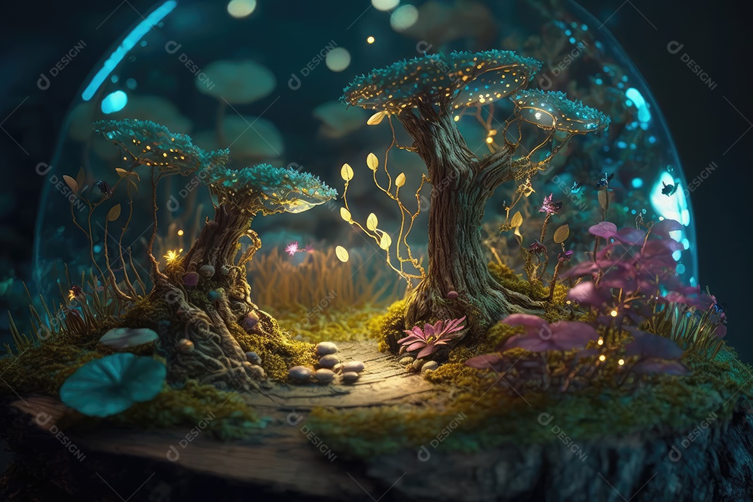 Fantástica árvore de conto de fadas em estilo fantasia e magia em um lugar encantado com rio e névoa. pintura digital