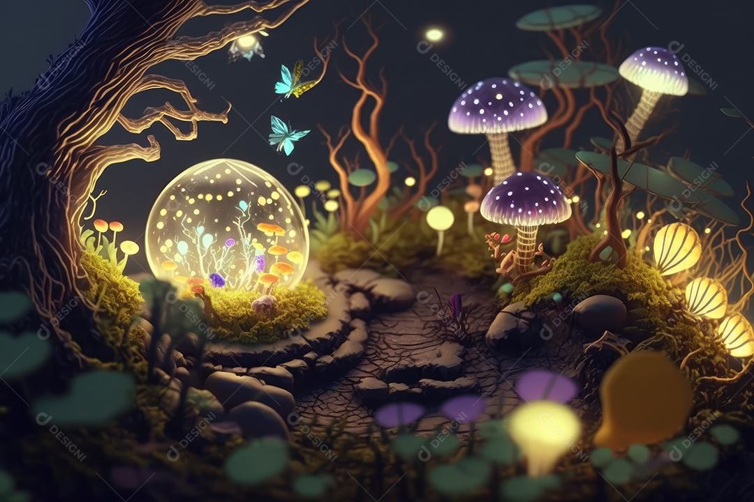 Fantástica árvore de conto de fadas em estilo fantasia e magia em um lugar encantado com rio e névoa. pintura digital