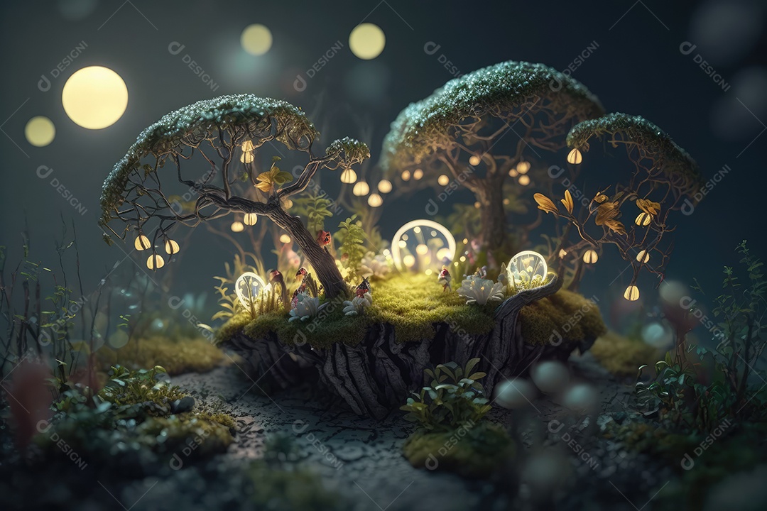 Fantástica árvore de conto de fadas em estilo fantasia e magia em um lugar encantado com rio e névoa. pintura digital