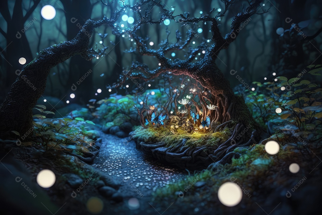 Fantástica árvore de conto de fadas em estilo fantasia e magia em um lugar encantado com rio e névoa. pintura digital