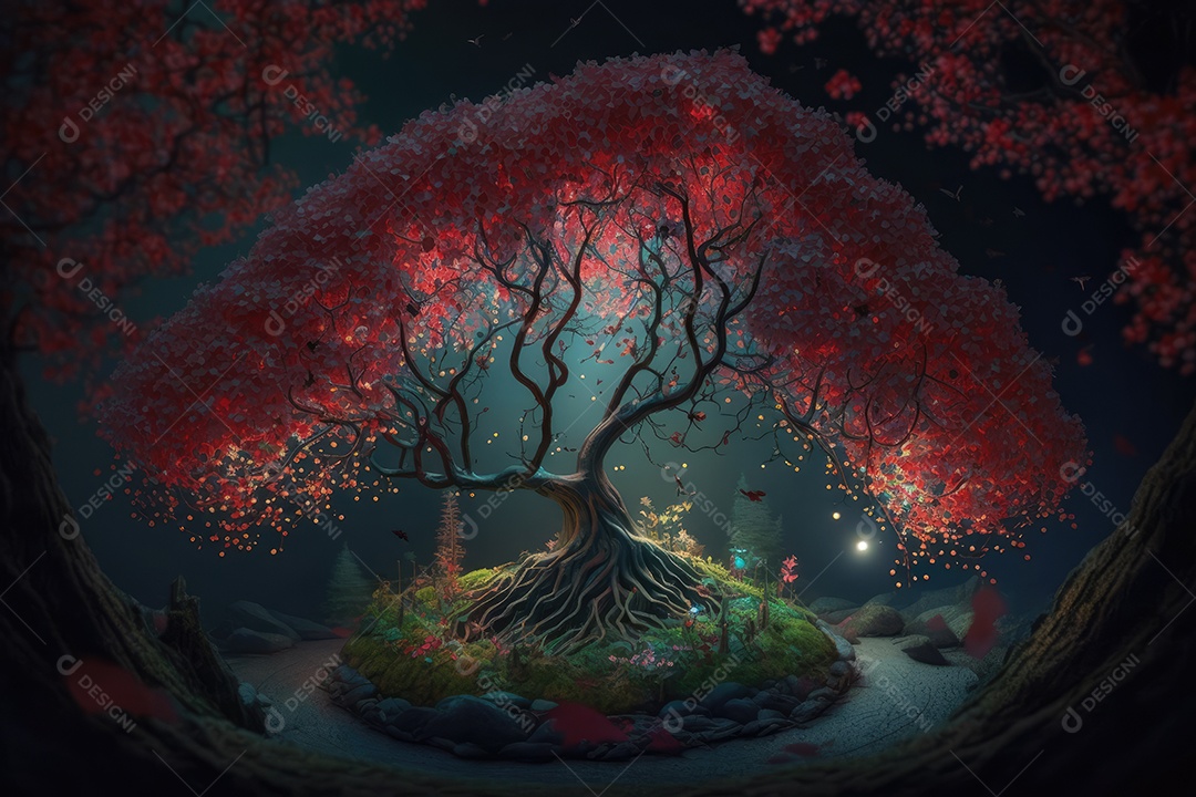 Fantástica árvore de conto de fadas em estilo fantasia e magia em um lugar encantado com rio e névoa. pintura digital