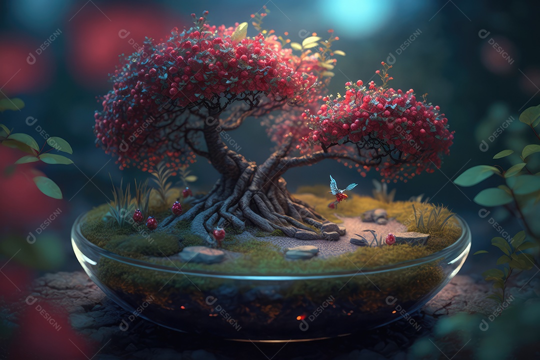 Fantástica árvore de conto de fadas em estilo fantasia e magia em um lugar encantado com rio e névoa. Pintura digital