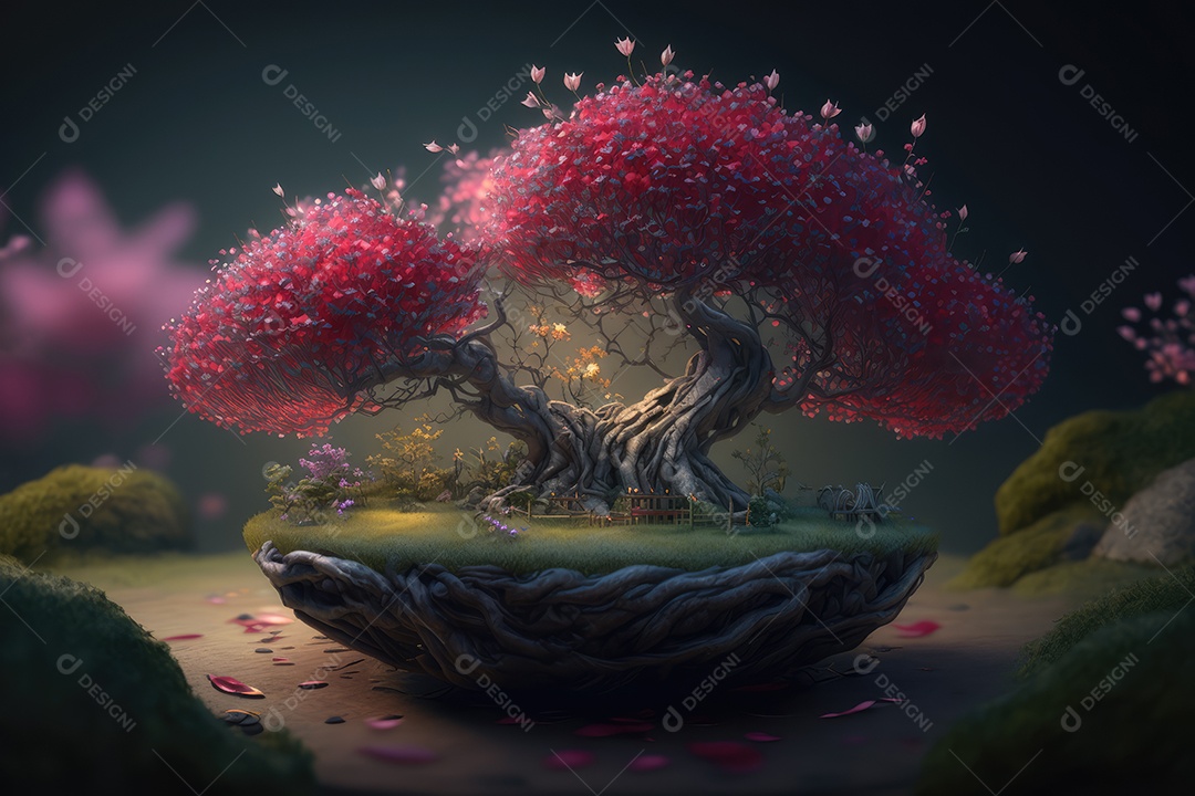 Fantástica árvore de conto de fadas em estilo fantasia e magia em um lugar encantado com rio e névoa. pintura digital