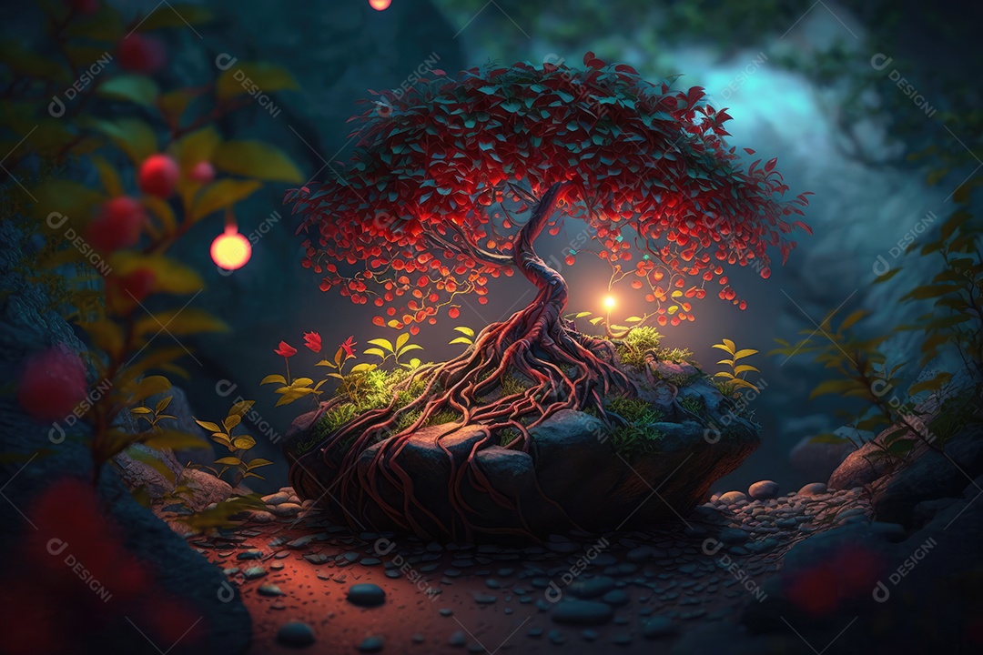 Fantástica árvore de conto de fadas em estilo fantasia e magia em um lugar encantado com rio e névoa. pintura digital