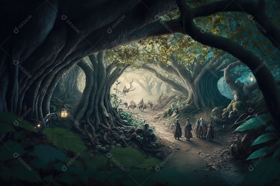 Uma bela floresta encantada de conto de fadas com grandes árvores e grande vegetação. fundo de pintura digital