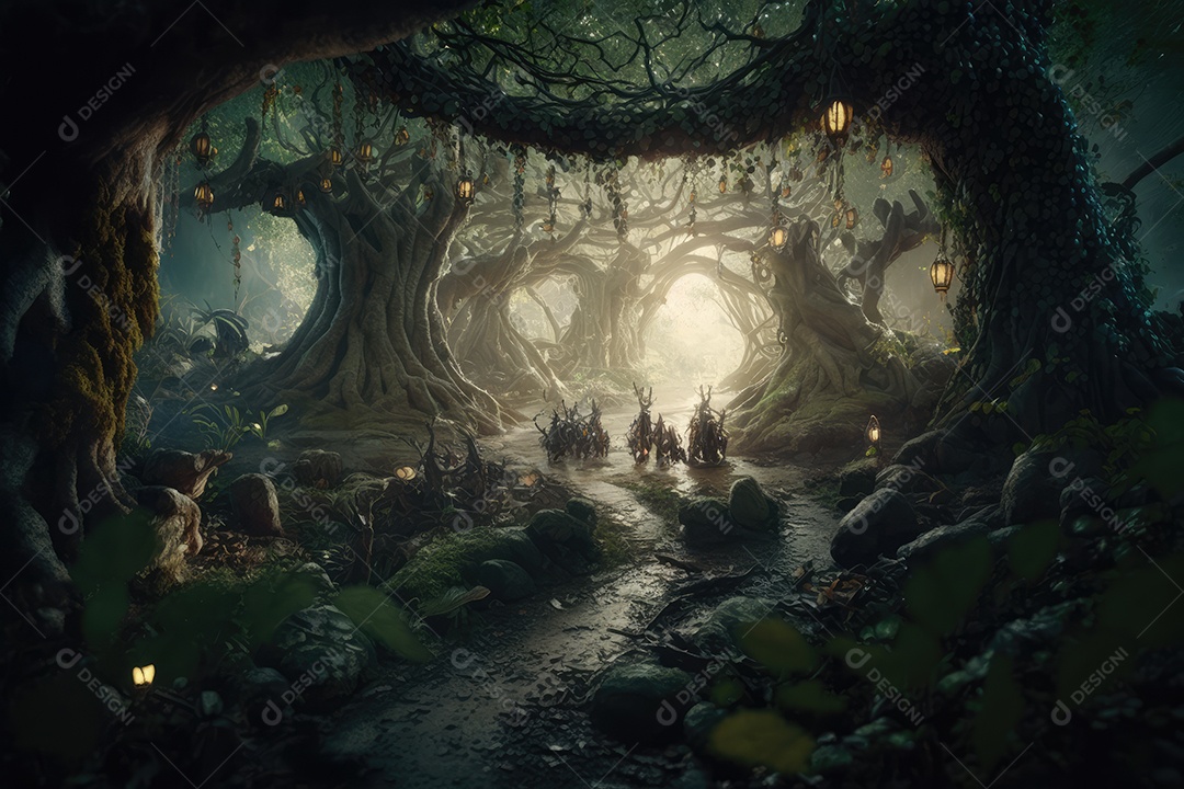 Uma bela floresta encantada de conto de fadas com grandes árvores e grande vegetação. fundo de pintura digital