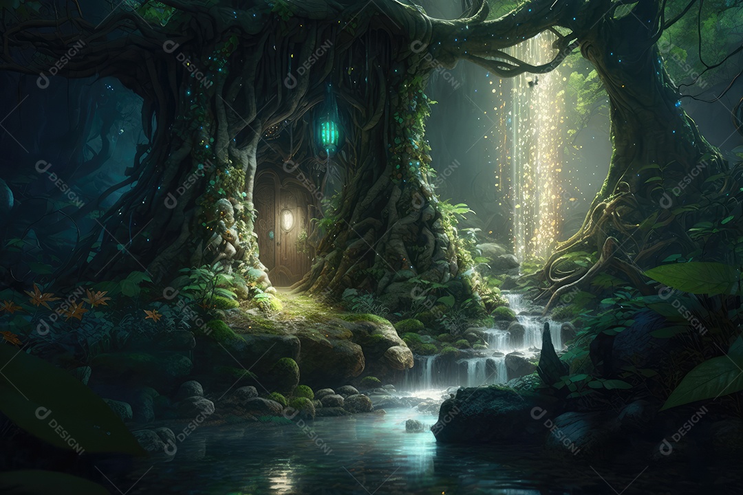 Linda floresta encantada de conto de fadas em miniatura, árvores, cogumelos, elfos, rios, plantas, vaga-lumes. Pintura digital