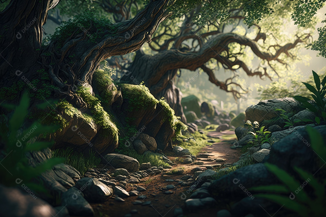 Linda floresta encantada de conto de fadas em miniatura, árvores, cogumelos, elfos, rios, plantas, vaga-lumes. Pintura digital