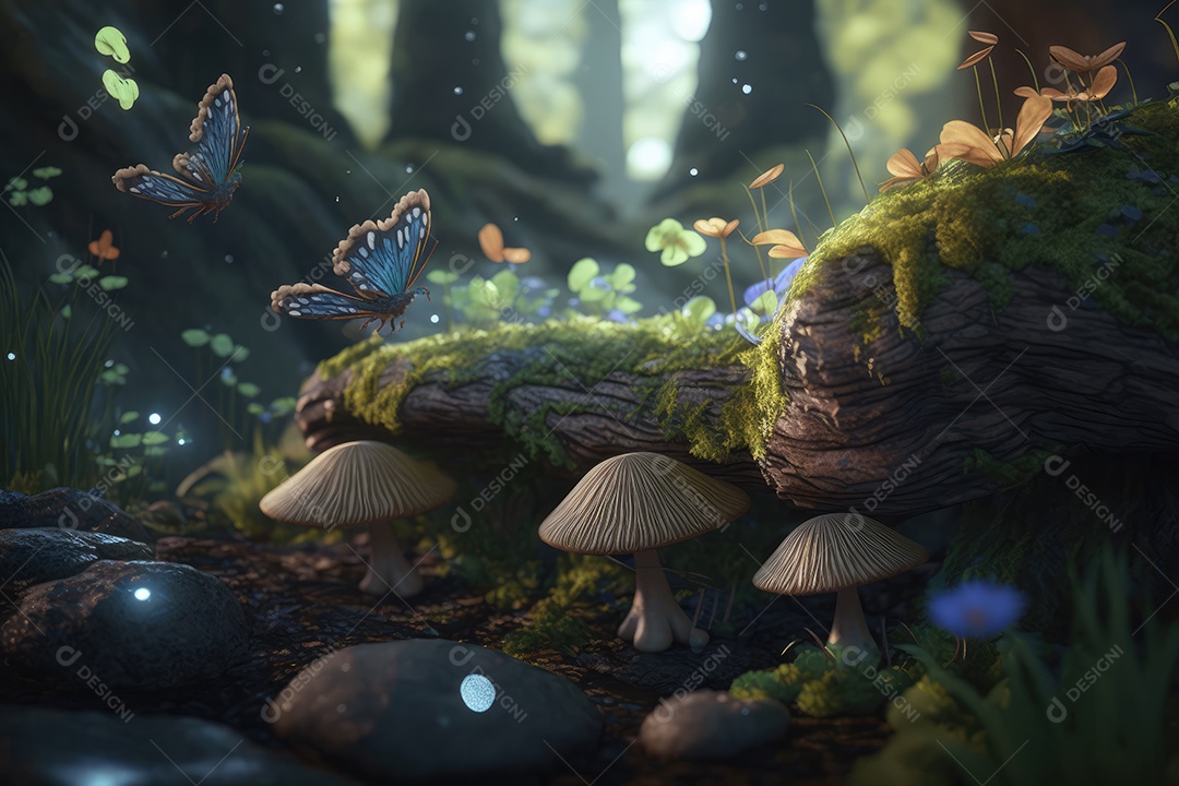 Linda floresta encantada de conto de fadas em miniatura, árvores, cogumelos, elfos, rios, plantas, vaga-lumes. Pintura digital