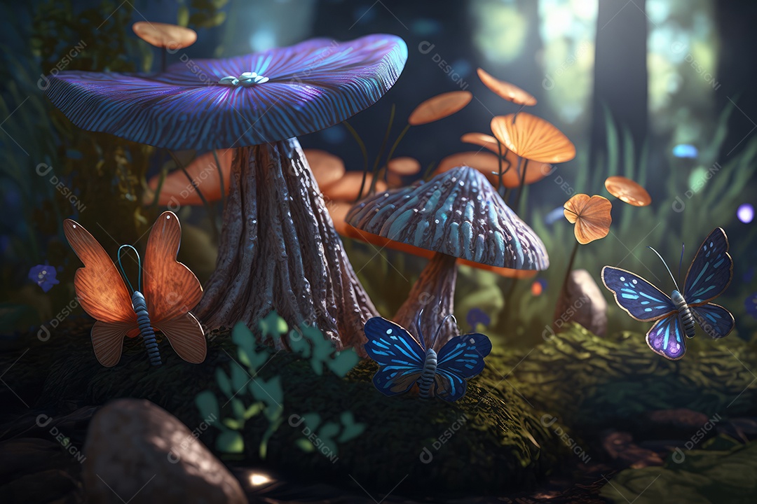 Linda floresta encantada de conto de fadas em miniatura, árvores, cogumelos, elfos, rios, plantas, vaga-lumes. Pintura digital