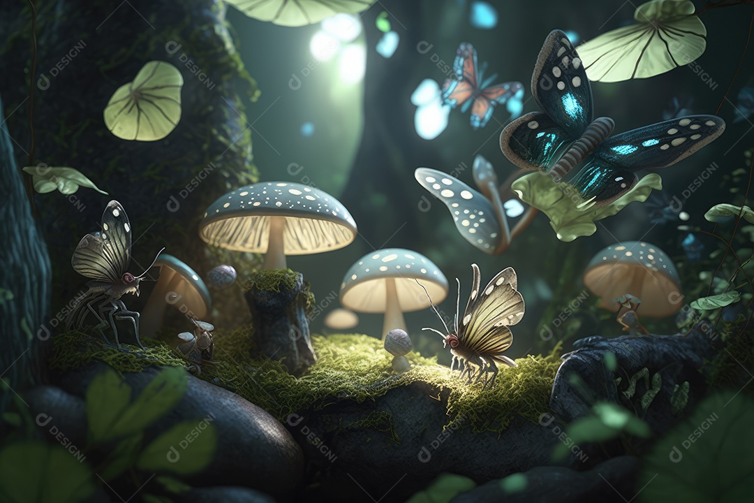 Linda floresta encantada de conto de fadas em miniatura, árvores, cogumelos, elfos, rios, plantas, vaga-lumes. Pintura digital