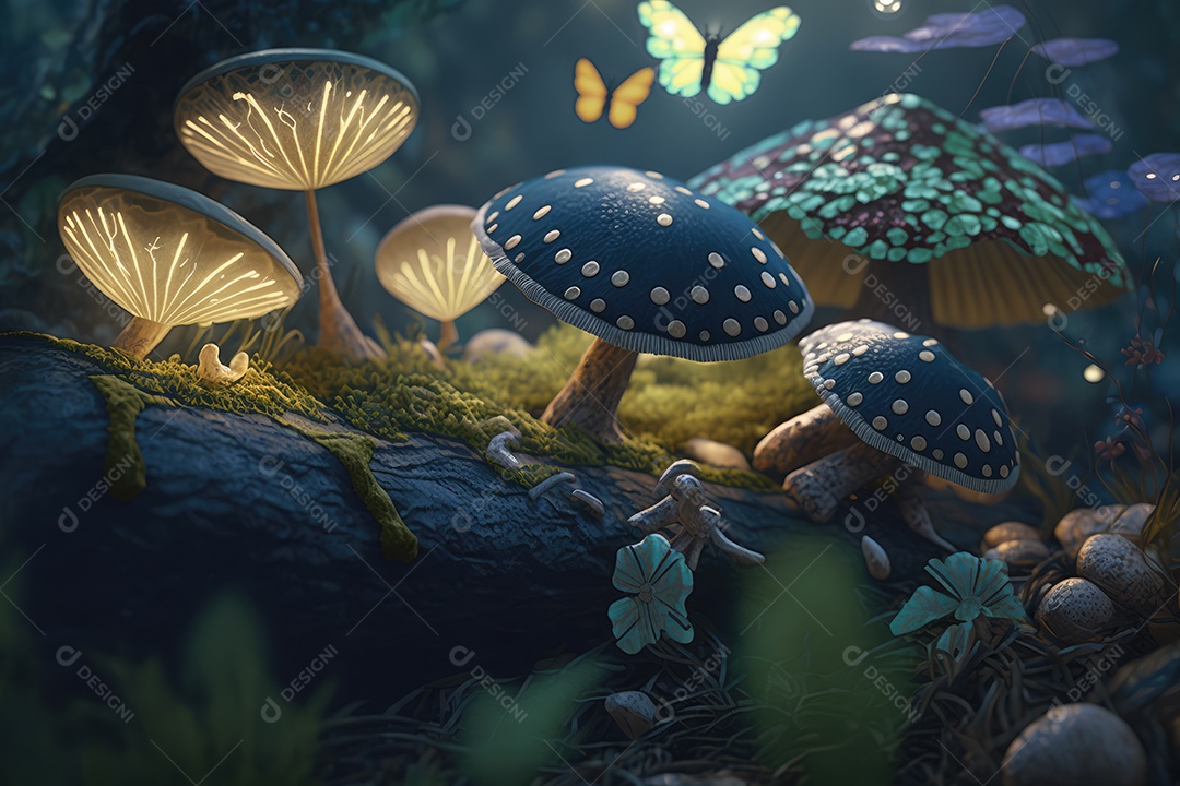 Linda floresta encantada de conto de fadas em miniatura, árvores, cogumelos, elfos, rios, plantas, vaga-lumes. Pintura digital