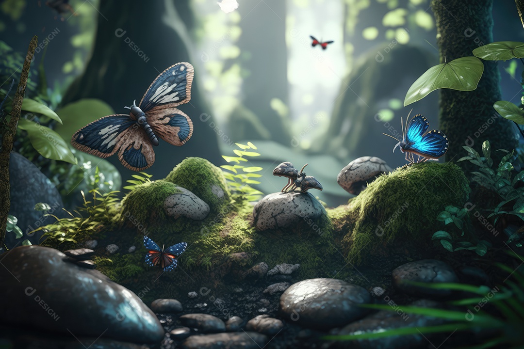 Linda floresta encantada de conto de fadas em miniatura, árvores, cogumelos, elfos, rios, plantas, vaga-lumes. Pintura digital