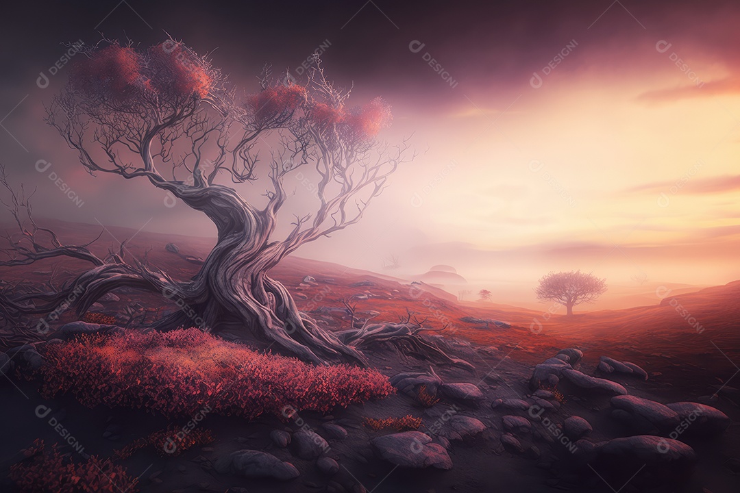 Fantástica árvore de conto de fadas em estilo fantasia e magia em um lugar encantado com rio e névoa. Pintura digital