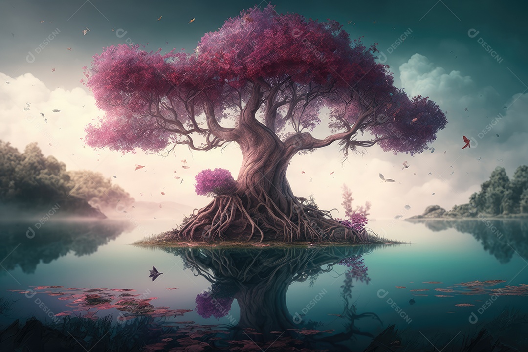 Fantástica árvore de conto de fadas em estilo fantasia e magia em um lugar encantado com rio e névoa. Pintura digital