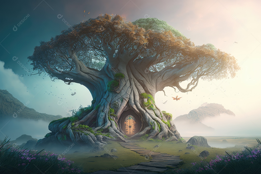 Fantástica árvore de conto de fadas em estilo fantasia e magia em um lugar encantado com rio e névoa. Pintura digital