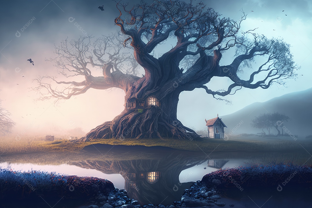 Fantástica árvore de conto de fadas em estilo fantasia e magia em um lugar encantado com rio e névoa. Pintura digital